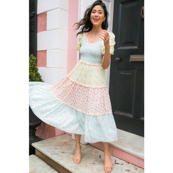 Ivy City Co Emily Patchwork Smocked Shirred Puff Sleeve Tiered Midi Dress Large - Picture 2 of 8